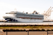 The Coronavirus-stricken Grand Princess cruise ship is docked at the Port of Oakland, CA, on March 11, 2020. the ship  arrived at the port after being in a holding pattern outside the Golden Gate for several days.