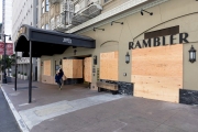 The hotel Zeppelin in San Francisco on March 31, 2020 had  its front windows covered with plywood to discourage looting.
Millions of San Francisco Bay Area  residents were ordered to stay home for the third week to slow the spread of the coronavirus as part of a lockdown effort.