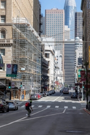 A young man rides his skateboard in an empty street in San Francisco, CA, on March 31, 2020.
Millions of San Francisco Bay Area  residents were ordered to stay home for the third week to slow the spread of the coronavirus as part of a lockdown effort.