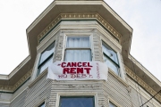 A “Cancel “Rent “ sign is seen hanging on a house in San Francisco, on April 25, 2020. Tenants rights groups across the country are calling for rent and mortgage payments to be canceled -- without penalties -- as long as shelter-at-home orders are in effect.