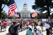 Protesters in front of the California State Capitol in Sacramento, CA, on May 1, 2020.