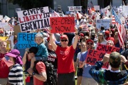 Protesters in front of the California State Capitol in Sacramento, CA, on May 1, 2020.