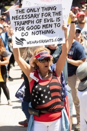 A protester in front of the California State Capitol in Sacramento, CA, on May 1, 2020.