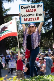 A protester in front of the California State Capitol in Sacramento, CA, on May 1, 2020.