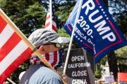 A protester in front of the California State Capitol in Sacramento, CA, on May 1, 2020.