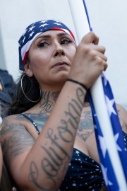 A protester in front of the California State Capitol in Sacramento, CA, on May 1, 2020.