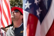 A protester in front of the California State Capitol in Sacramento, CA, on May 1, 2020.