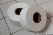 Commercial size rolls of toilet paper that are made from left over from the production line  at the Sirkin Center in San Leandro, CA, on May 11, 2020. These rolls car usually donated to local communities.