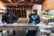 Two blind workers at the production line of cleaning products at the Sirkin Center in San Leandro, CA, on May 11, 2020.