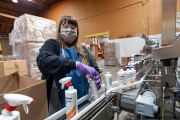 A blind worker at the production line of cleaning products at the Sirkin Center in San Leandro, CA, on May 11, 2020.