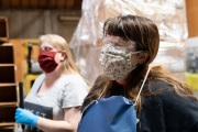 Two blind workers at the production line of cleaning products at the Sirkin Center in San Leandro, CA, on May 11, 2020.