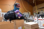 A blind worker at the production line of cleaning products at the Sirkin Center in San Leandro, CA, on May 11, 2020.