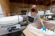 A blind worker at the production line of cleaning products at the Sirkin Center in San Leandro, CA, on May 11, 2020.