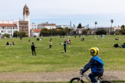 People lay on the grass inside circles drawn to encourage  social distancing at Dolores Park in San Francisco, CA, on  May 21, 2020. This effort marks the city’s latest effort to get back to some sort of normalcy following the long shelter-in-place order while trying to keep the risks of infection from the coronavirus to the minimum.