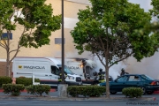 Firemen putting out a fire that was started on a delivery truck by looters at a local Best Buy store in Emeryville , CA, on May 30, 2020.