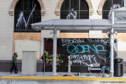 A storefront protected bay plywood  and some graffiti in Oakland, CA, on May 30, 2020